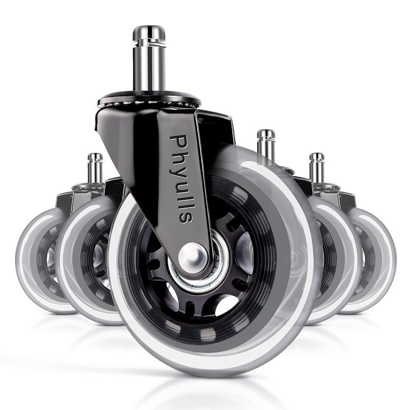 Photo 1 of Office Chair Wheels Replacement Rubber Chair casters for Hardwood Floors, Set of 5, Heavy Duty Office Chair Desk casters for Chairs to Replace Office Chair-Universal fit (10 * 22 Black and Clear)