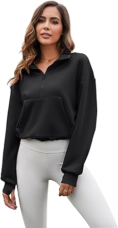 Photo 1 of COZYPOIN Womens Crop Sweatshirt Oversized Half Zip Stand Collar Pullover Tops Activewear Jacket