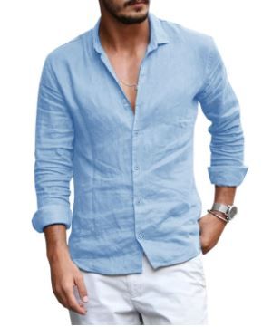 Photo 1 of Angeun Mens Cotton Linen Button Down Shirt Long Sleeve Loose Fit Casual Spread Collar Beach Summer Plain Tops Medium
