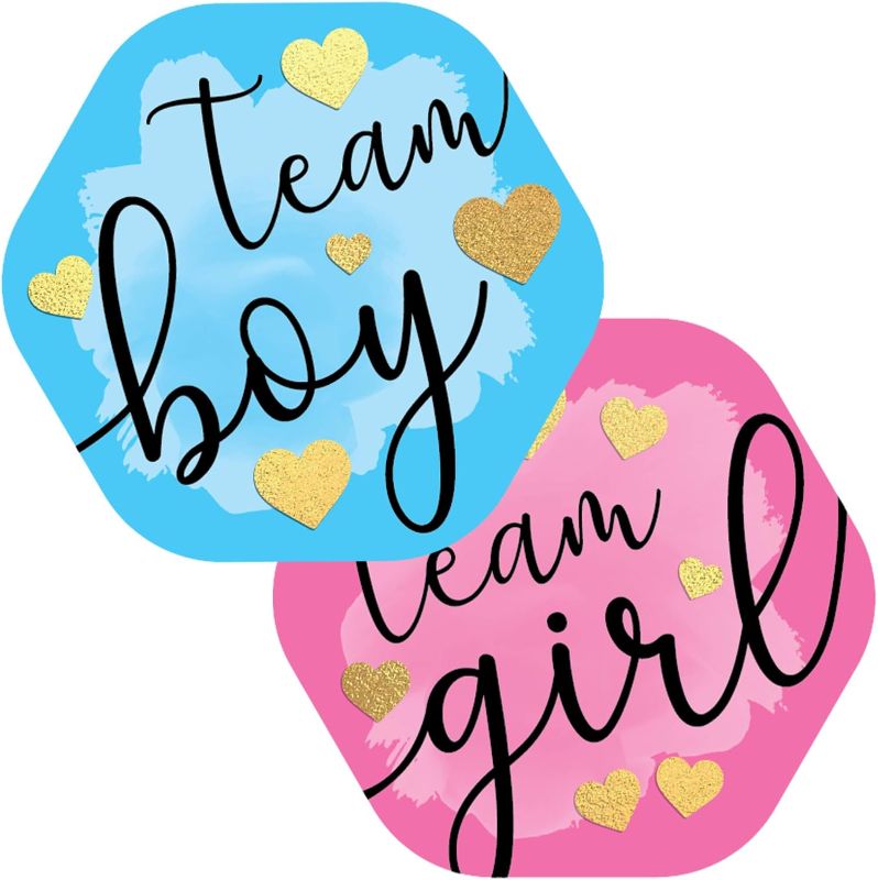 Photo 1 of CORRURE Gender Reveal Stickers with Gold Foil for Voting Games and Party Supplies (80pcs) - Easy to Stick and Peel-Off - 2.0" Team Boy and Team Girl Labels for Baby Showers or Gender Reveal Party 