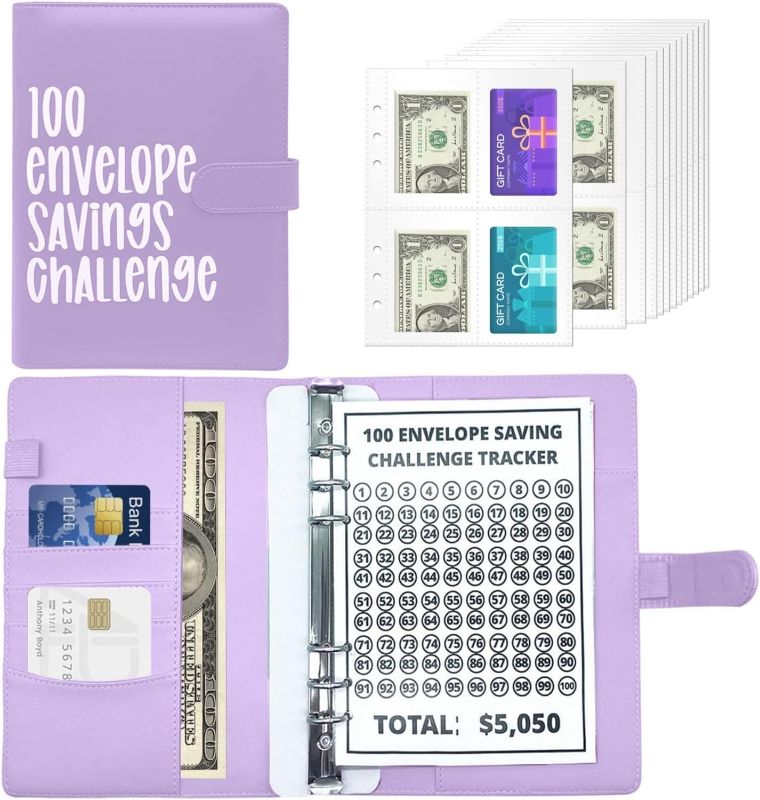 Photo 1 of 100 Envelopes Money Saving Challenge Binder,A5 Money Saving Budget Binder with Cash Envelopes - Savings Challenges Book for Planning and Saving $5,050 (Purple)
