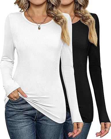 Photo 1 of Ficerd 2 Pack Women's Long Sleeve Shirts, Ribbed Slim Fitted Tops Stretch Crew Neck Undershirt Casual Basic Tee Blouse / xl 