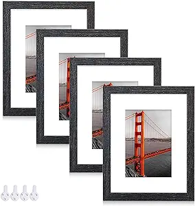 Photo 1 of Flocey 8x10 Picture Frame 4 Pack - 100% Solid Wood with Glass, Display Pictures 5x7 with Mat or 8x10 without Mat for Table and Wall Horizontal & Vertical (Black Frame)