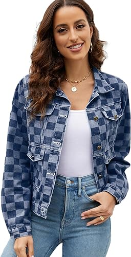 Photo 1 of COZYPOIN Women's Plaid Print Denim Jacket Lapel Long Sleeve Button Down Jean Biker Tops Coat/ XS 