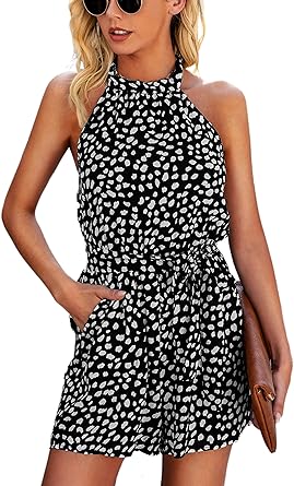 Photo 1 of Angashion Women's Rompers - Summer Floral Ruffle Halter Neck Sleeveless Elastic Waist Romper Shorts Jumpsuit Size Large 