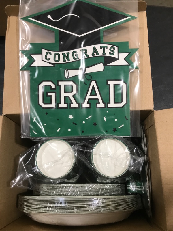 Photo 2 of 2023 Graduation Tableware Party Plates, Napkins, Cups, Tablecloths, Congrats Banner 123 Pieces Disposable Paper Dinnerware Sets, Green Grad Party Supplies Decoration for College High School