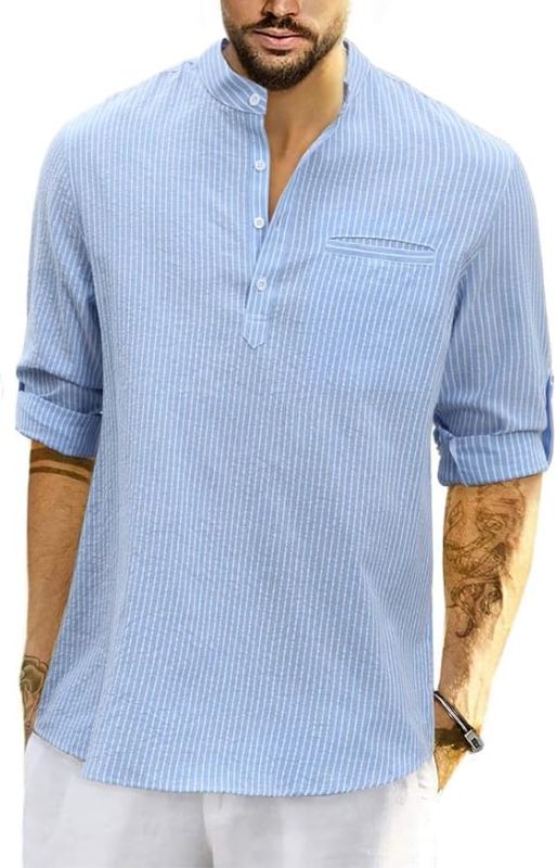 Photo 1 of JMIERR Men's Casual Summer Cotton Henley Shirt Long Sleeve Hippie Striped Beach T Shirts Small Sky Blue