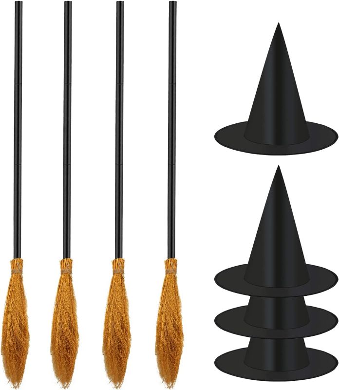 Photo 1 of 8 Pieces Halloween Witch Broom Hat Set, 4 Pack Halloween Witch Brooms and 4 Pack Halloween Witch Hats Costume Accessory for Halloween Christmas Party