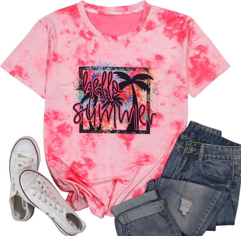 Photo 1 of Hello Summer Shirt Women Beach Coconut Trees Oversized Graphic Shirts Tie Dye Vacation Beach Shirt Top Small