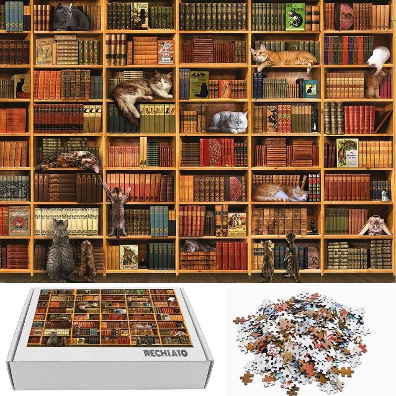 Photo 1 of 1000 Pieces Cat Library Puzzle, Kitten Book Jigsaw Puzzles for Adults 1000 Pieces and Up, Pet Puzzles Gift for Women & Mom Christmas Puzzle for Family & Friends 