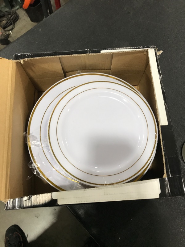 Photo 2 of I00000 102 Pieces Gold Plastic Plates, Disposable Party Plates White Gold Rim, 51 Heavy Duty Gold Dinner Plates 10.25 Inch and 51 Disposable Dessert Appetizer Elegant Fancy Wedding Plates 7.5 Inch