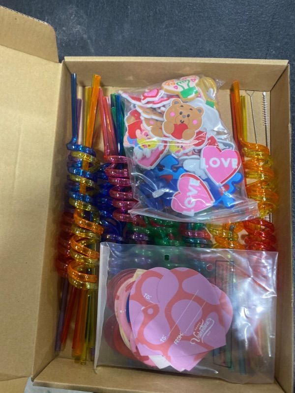 Photo 2 of 96 Pcs Valentines Day Gifts for Kids 32 Valentines Crazy Straw 32 Heart Shaped Valentine's Day Cards and 32 Valentine Heart Slices for School Classroom Exchange Prizes Valentine Party Favors