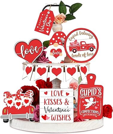 Photo 1 of 12 Pcs Valentine's Day Red Tiered Tray Decor Valentine Table Wooden Sign Decorations Gnome Heart Truck Tabletop Farmhouse Decor for Valentine's Day Home Party Kitchen Holiday