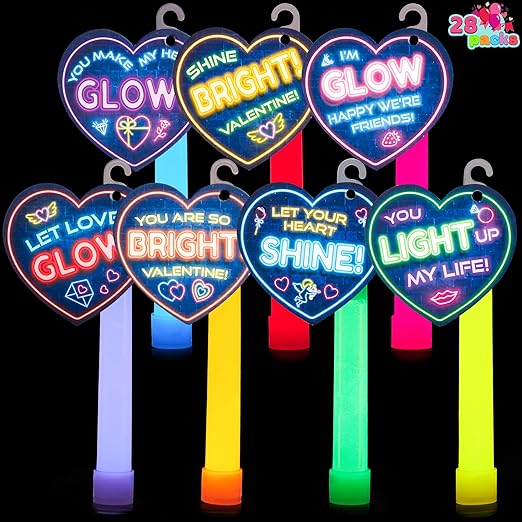 Photo 1 of 28 Packs Valentine's Day Gifts Cards with Ultra Bright Large Glow Sticks for Kids, Waterproof Glow Sticks for Valentine's Party Favors, Valentines Classroom Exchange Toy, School Prizes
