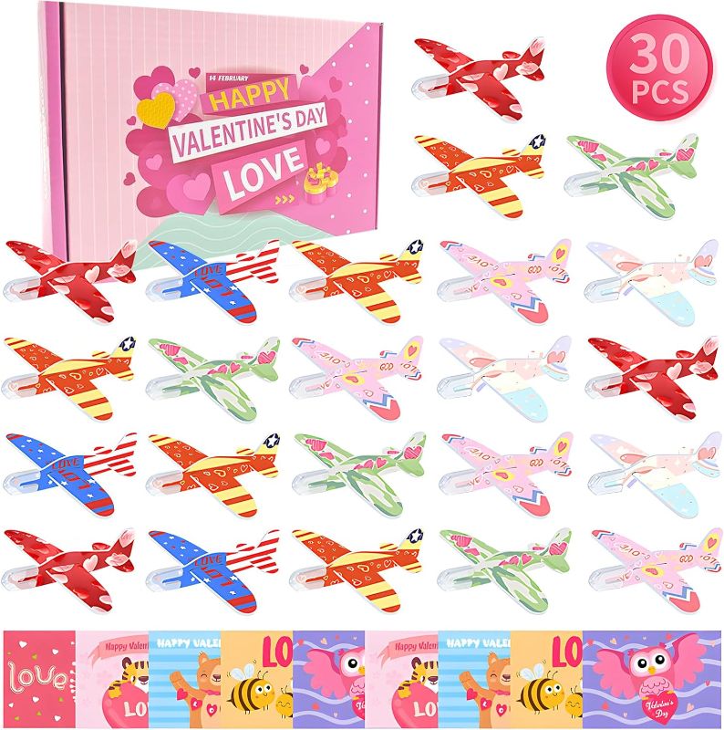 Photo 1 of 30Pcs Diverse Valentine's Day Foam Airplane Set with Unique Colors and Designs, Featuring Heart Patterns - Perfect for Valentine’s Celebrations Festivities Classroom Exchanges, Party Favors, and Gifts
