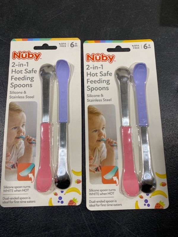 Photo 2 of 2 PACK Nuby Heat Sensitive 2-N-1 Dual Ended Spoons - 2 pack, Boy 2 Pack Girl