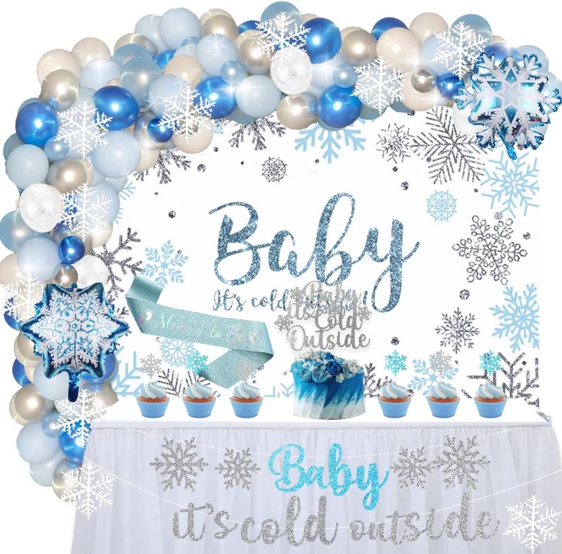 Photo 1 of 100 PCs Baby It’s Cold Outside Baby Shower Decorations for Boy, Fiesec Winter Wonderland Baby Shower Backdrop Balloon Garland Arch Glitter Banner Cake Topper Sash Snowflake Confetti Blue Silver
