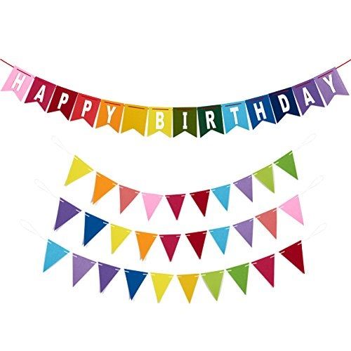 Photo 1 of 8 Feet Rainbow Happy Birthday Banner with 3 Colorful Felt Pennant Flag Banners (6 Feet) for Party Decorations
