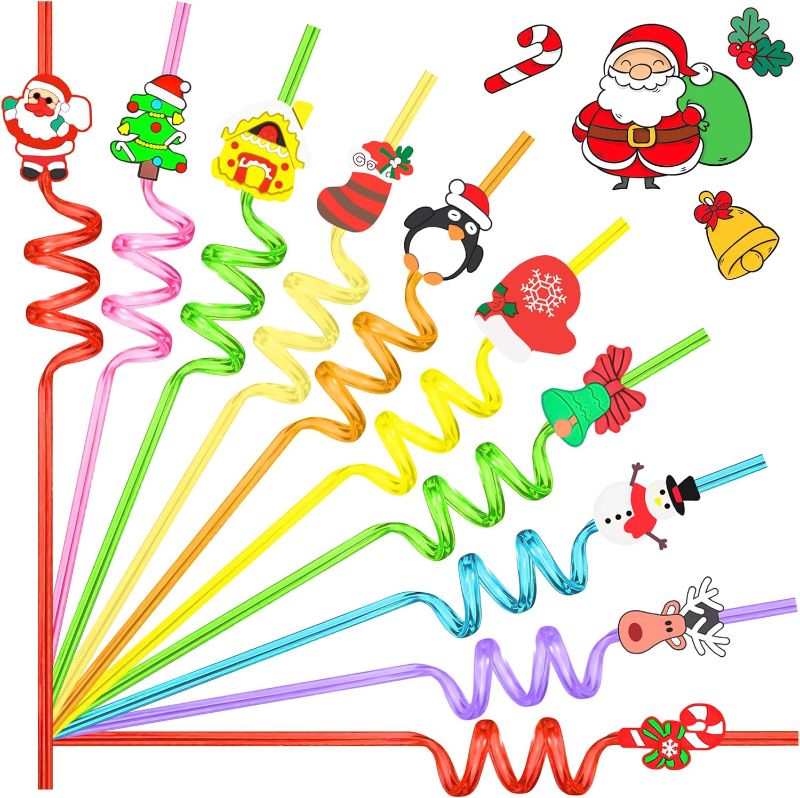 Photo 1 of 30 PCS Christmas Party Favors Drinking Straws with Cartoon Decoration Reusable Plastic Straw Birthday Christmas Party Supplies with 2 PCS Drinking Straw Cleaning Brushes, 10 Styles
