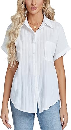 Photo 1 of Aossfre Women's Button Down Short Sleeve Round Neck Loose Fit Blouse Tops Small