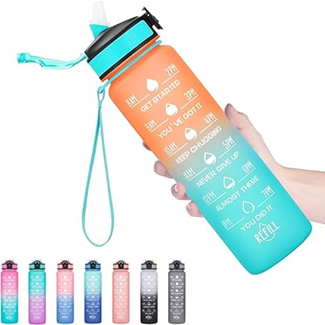 Photo 1 of 32oz Large Leakproof BPA Free Drinking Water Bottle with Time Marker & Straw. (Ombre Orange and Blue)
