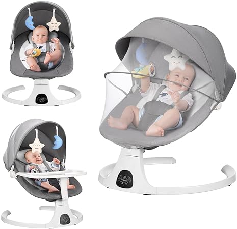 Photo 1 of Baby Swing Cradle, Bluetooth Infant Swing with Baby's Magic Sleep, Detachable Dining Plate, 3 Recline Positions, 5 Speed Levels, 10 Lullabies, Baby Swing for 0-12 Months
