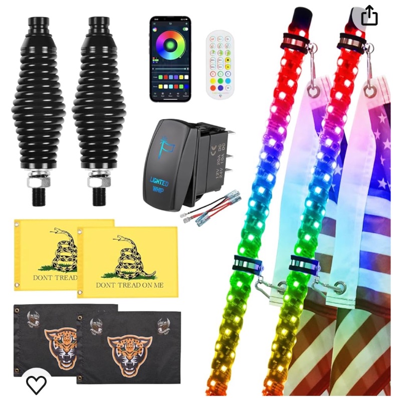 Photo 1 of 2 Pack 4FT Whip Lights with Spring Base, LED Whip Light with App & Remote Control, Spiral RGB Chasing Lighted Whips with Rocker Switch, Music Whip Light for UTV ATV Polaris RZR Can-Am SXS Truck