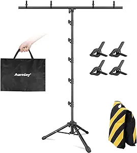 Photo 1 of Aureday 8x5FT T-Shape Backdrop Stand, Adjustable Backdrop Stand Kit with Horizontal Pole, 4 Spring Clamps, Sandbag, and Black Carrying Bag for Parties/Wedding/Photography/Decoration
