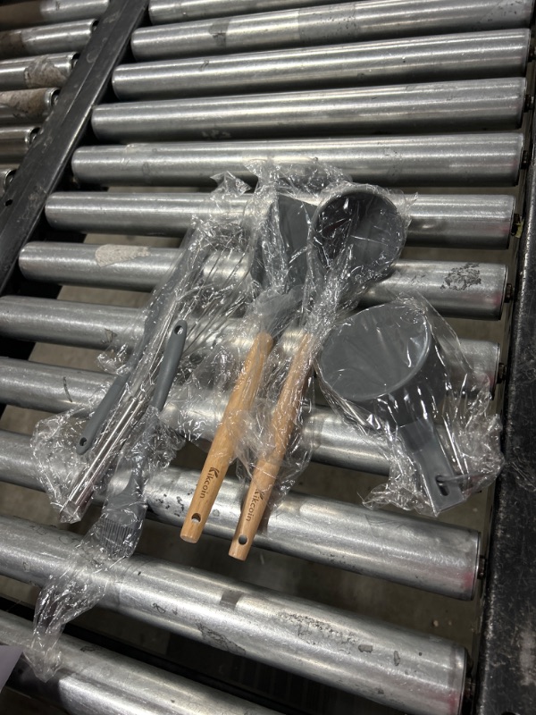 Photo 1 of 33 PCS Kitchen Utensils Set, Kikcoin Wood Handle Silicone Cooking Utensils Set with Holder, Spatulas Silicone Heat Resistant Cooking Gadgets for Nonstick Cookware, Grey Gray