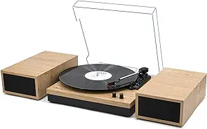 Photo 1 of LP&No.1 Vinyl Record Player with External Speakers, 3-Speed Belt-Drive Turntable for Vinyl Albums with BT 5.0 Wireless Playback, Auto Stop | Beige Wood
