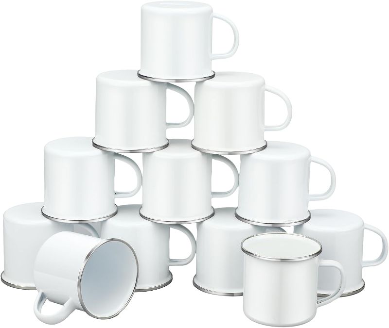 Photo 1 of 12 Pcs Enamel Camp Mug White Enamel Camping Coffee Mug with Handle Silver Rim Portable Drinking Cup Vintage Metal Mug Round Enamel Cup for Tea and Hot Chocolate (16 oz)
