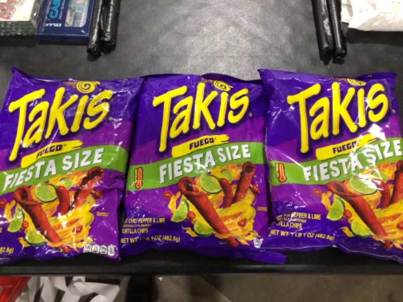 Photo 2 of Takis Fuego 17 oz Fiesta Size Bag, Hot Chili Pepper & Lime Flavored Extreme Spicy Rolled Tortilla Chips Fuego 1.06 Pound (Pack of 3) BB 05.01.24