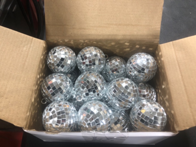 Photo 1 of 20 Pcs Hanging Mirror Disco Ball Ornaments Mardi Gras Assorted Silver Mini Glass Disco Balls Decoration Different Sizes Reflective with Rope(2 Inch)