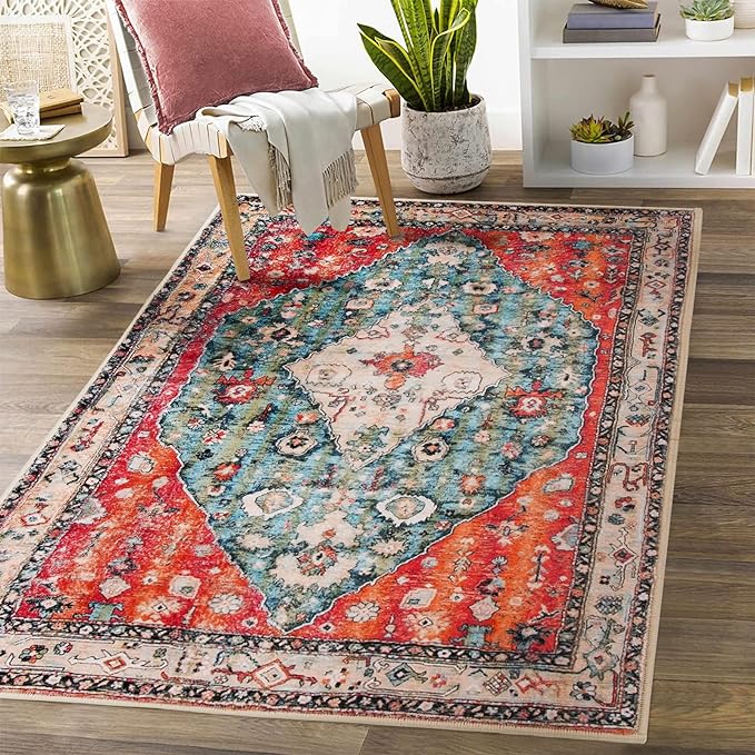 Photo 1 of Boho Area Rug 3x5, Large Bedroom Area Rug, Soft Oriental Distressed Accent Rugs for Living Room Entryway Dining Room, Low-Pile Floor Carpet for Indoor Front