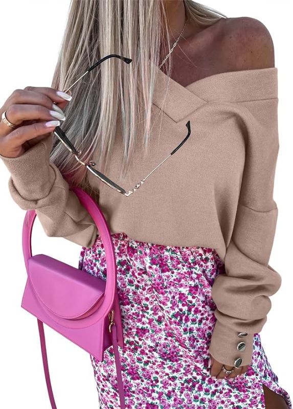 Photo 1 of BLACK NOT TAN Dokotoo Women's V Neck Long Sleeve Sweatshirts Casual Off The Shoulder Solid Color Pullover Top Blouses SIZE M 