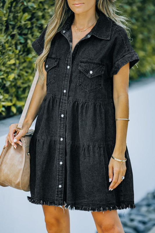 Photo 1 of ****COLOR BLACK***Fisoew Womens Summer Denim Dress Button Down Short Sleeve Tiered Babydoll Frayed Casual Mini Dress with Pockets Black