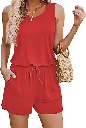 Photo 1 of ADOME Rompers for Women Summer Sleeveless Scoop Neck Tank Top Casual Short Jumpsuit Rompers with Pockets medium 