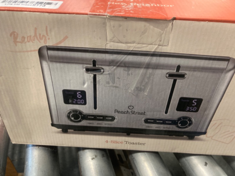 Photo 2 of ****USED**ONE SIDE NOT WORKING***PARTS ONLY**SOLD AS IS NO RETURNS**ALL SALES ARE FINAL** * Peach Street Slice Toaster Compact Bread Toaster with Digital Countdown, Wide Slots, Auto-Pop Stainless Steel, 6 Browning Levels, Removable Crumb Tray, with Defros