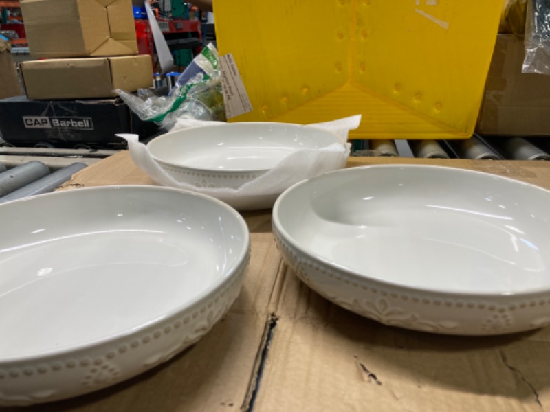 Photo 1 of *** ONLY 3 PIECES*** Artena Pasta Bowls, 50oz Large Salad Serving Bowls, 9.75'' Plates Bowls Set of 4, Big White Ceramic Soup Bowls for Kitchen, Embossment Shallow Dinner Bowl, Microwave Dishwasher Safe, Damask Floral