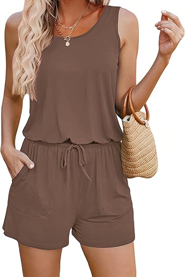 Photo 1 of ADOME Rompers for Women Summer Sleeveless Scoop Neck Tank Top Casual Short Jumpsuit Rompers with Pockets M