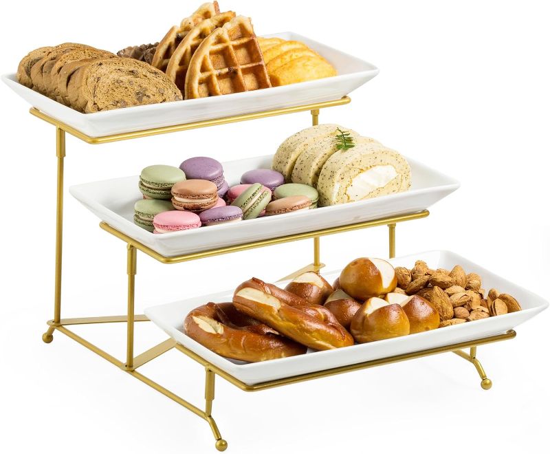 Photo 1 of  3 Tier Serving Stand Porcelain Serving Platter Tier Serving Trays with Collapsible Sturdier Rack, Serving Dishes and Platters for Father's Day, Christmas, Entertaining, Gold