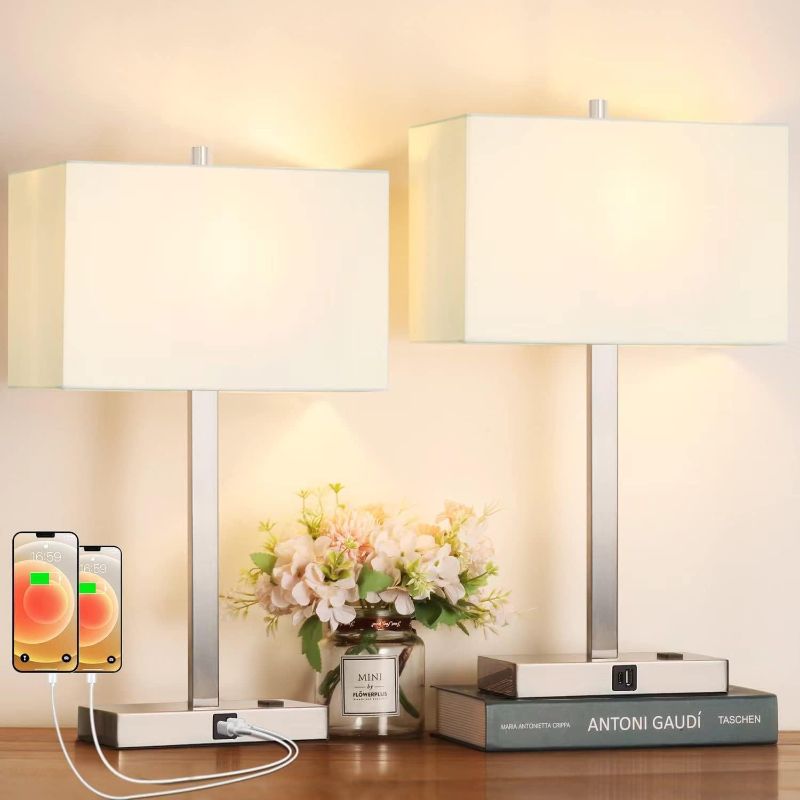 Photo 1 of ?Upgraded?21" Set of 2 Bedside Touch Control Table Lamp with 2 USB Charging Ports & AC Outlet 3-Way Dimmable Nightstand Lamp With White Shade For Bedroom Living Room, 2700K LED Bulbs Included