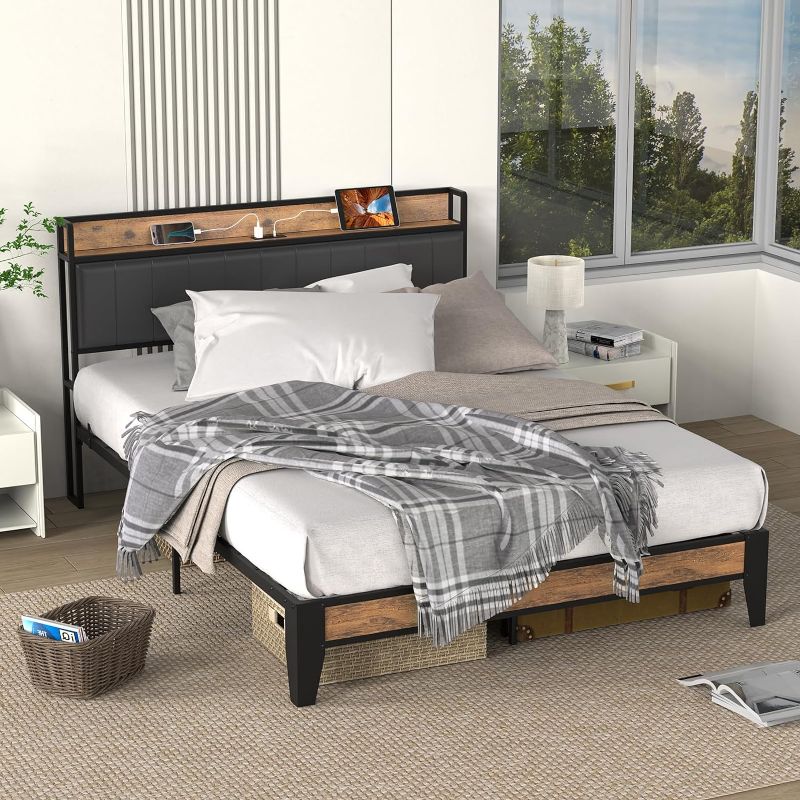 Photo 1 of ******product similar to the original photo***** QUEEN Bed Frame with Storage Headboard, Built-in Charging Station, Easy Assembly, Noise Free, Non-Slip Design, Sturdy and Stable, No Box Spring Needed, Heavy Duty Metal Support Bed Frame
