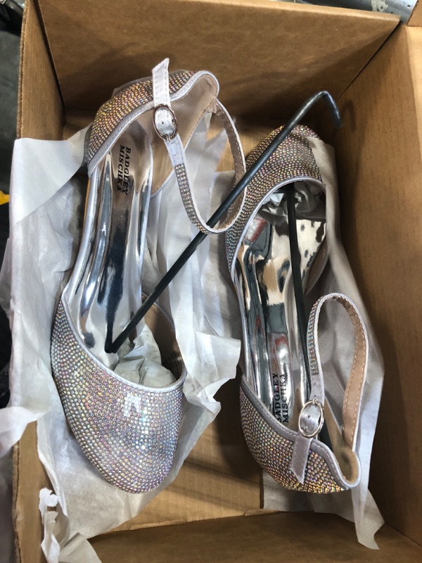 Photo 2 of ***COLOR SILVER*** Badgley Mischka Girls Dress Shoes - Kids Rhinestone Party High Heel Pumps Slip-On Block Closed Toe with Ankle Buckle - SILVER (Size 6 Big Kid)