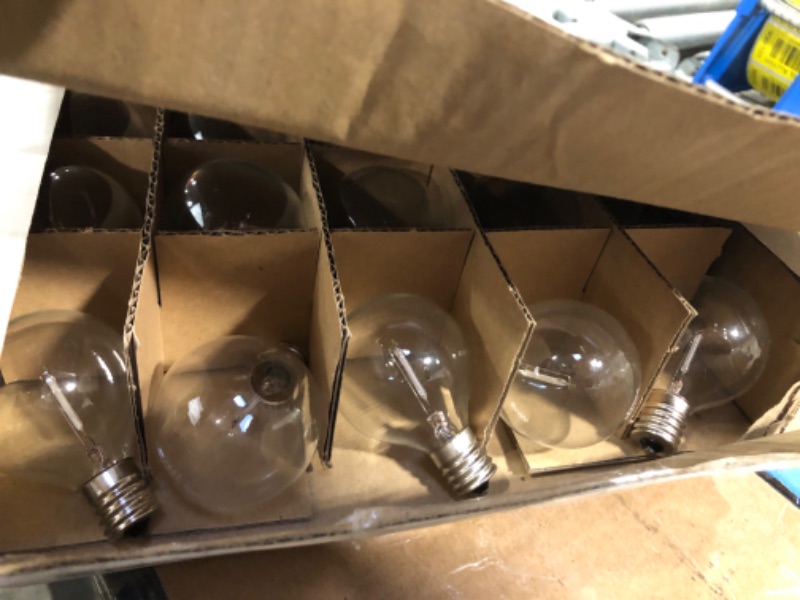 Photo 3 of ***AS IS / NO RETURNS -  FINAL SALE**
Novelty Lights 25 Pack G50 LED Light Bulbs, E17 C9 Intermediate Screw Base Shatterproof Outdoor String Lights Clear Globe Bulbs, Edison Light Bulbs for Patio Decor, Pure White, 0.6 Watt