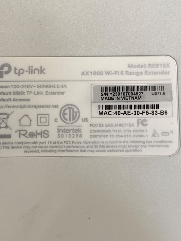 Photo 4 of ****USED** TP-Link AX1800 WiFi 6 Range Extender with Ethernet Port Internet Signal Booster for Home Dual-Band Wireless Repeater Amplifier Access Point Mode APP Setup OneMesh Compatible (RE615X)