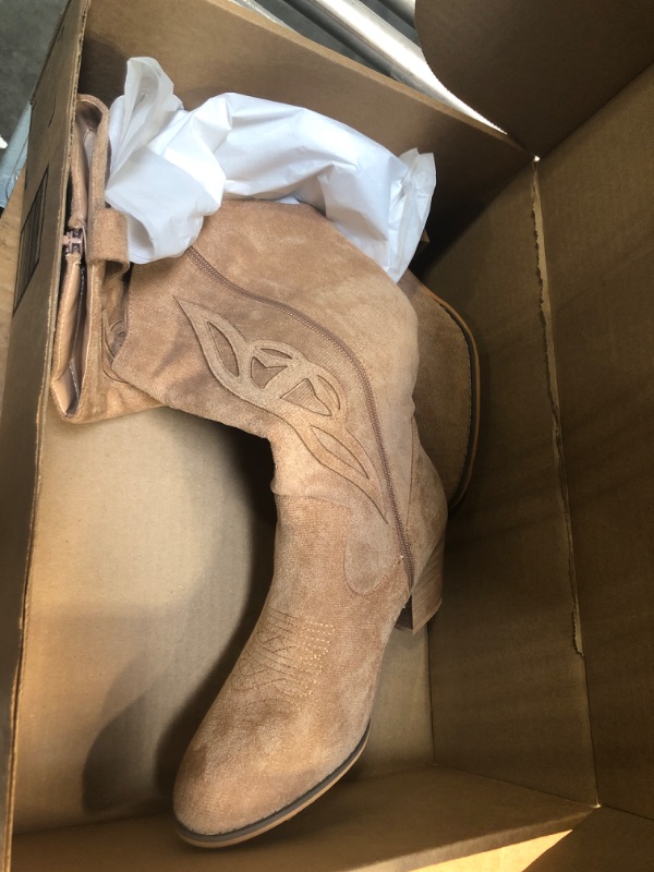 Photo 3 of ***USED***SHIBEVER Cowboy Boots for Women Mid: Womens Western Style Cowgirl Boots Wide Calf High Heeled Round Toe Boots Khaki Size 36