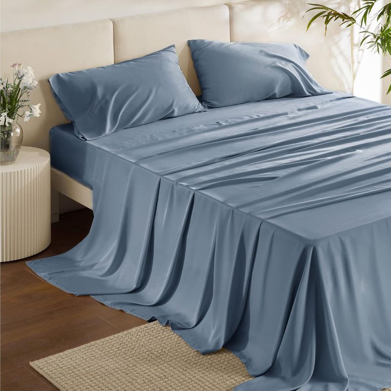 Photo 1 of **USED**
Lunar - Pure 100 Percent Rayon Derived from Bamboo Bed Sheet Set w/Corner Straps, for Hot Sleepers, Soft, Lightweight, Extra Deep Pockets 18” (One Set) (Galcier Blue, King)