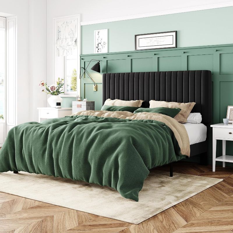 Photo 1 of  *** stock photo is a similar item***Queen Bed Frame, Velvet Upholstered Platform Bed with Vertical Channel Tufted Headboard, Mattress Foundation with Strong Wooden Slats, Box Spring Optional, Easy Assembly, Black