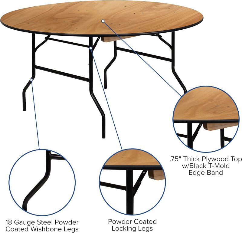 Photo 1 of ***has a scratch on teh table  ***Flash Furniture Furman 5' Round All-Occasion Wood Folding Event Table, Foldable Round Portable Banquet Table with Wooden Top, Natural/Black